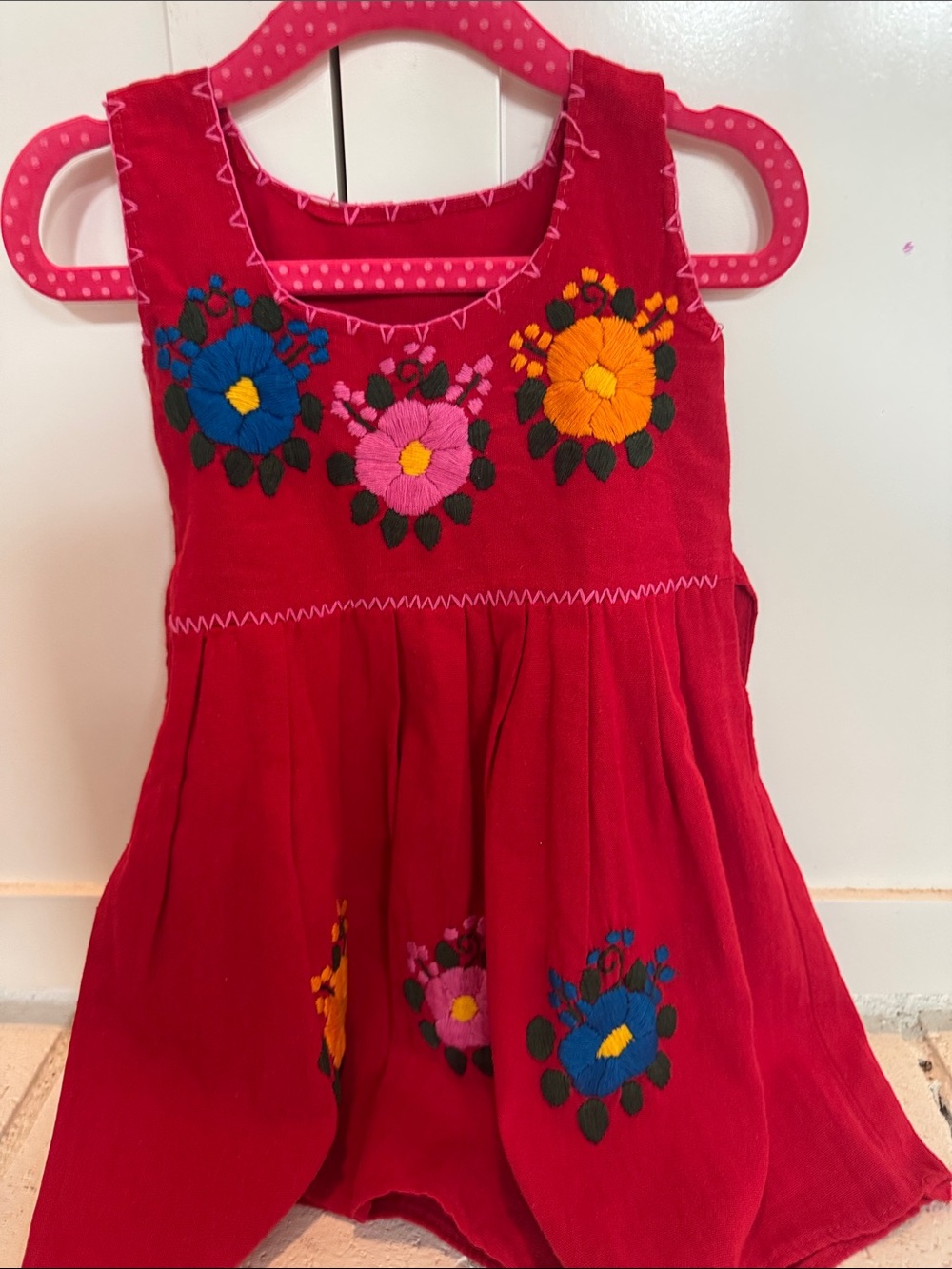 Girls' Red Embroidered Floral Dress-Mexico